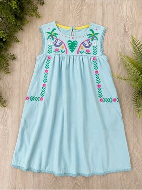 Mini Boden Girls Sloth Embroidered Cotton Dress Blue Tropical Palm Pockets 9-10Y